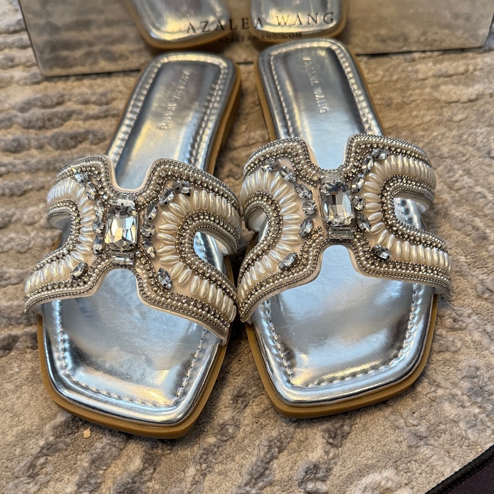 Azalea Wang Silver Pearl Embellished Women's Sandals